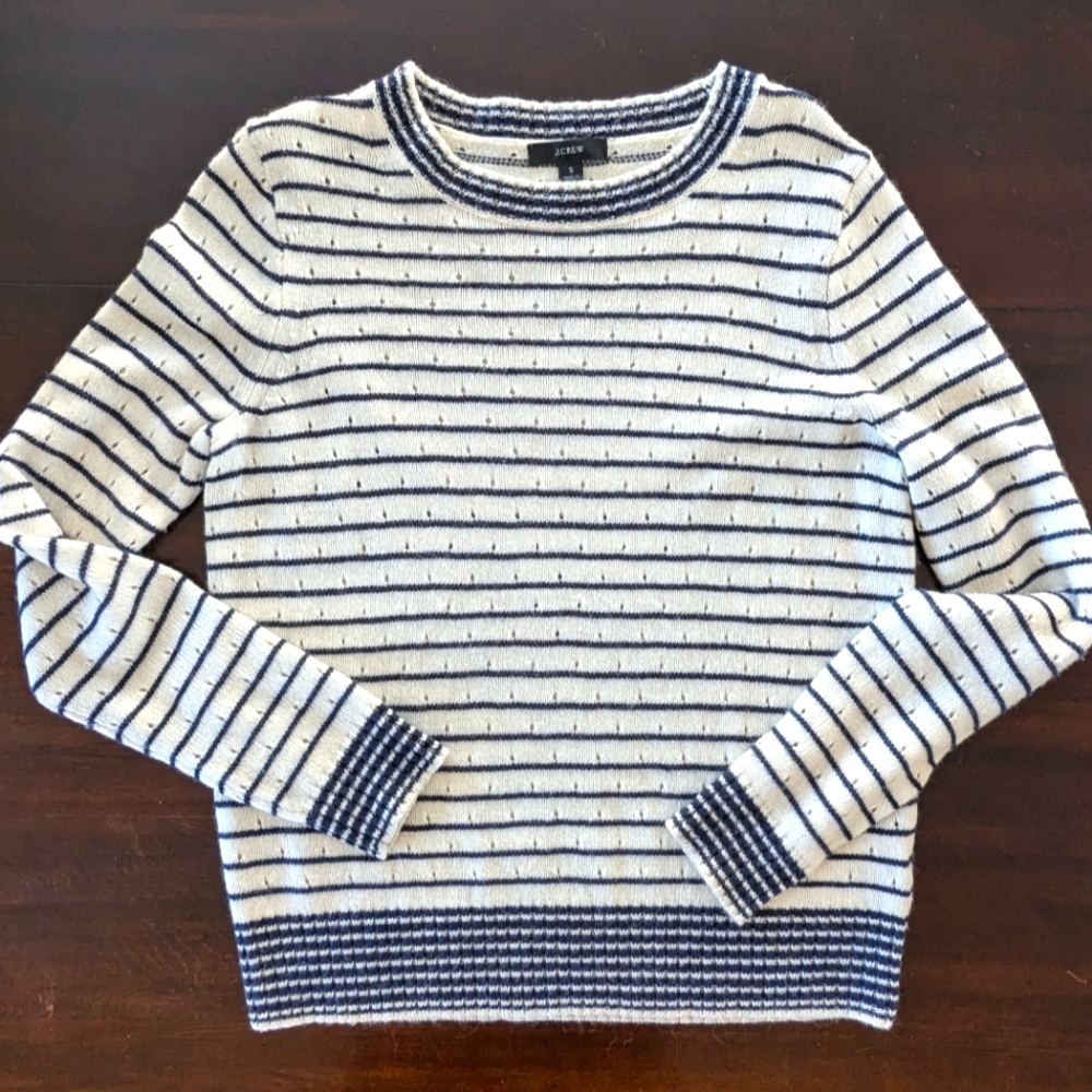 J. Crew Navy And Cream Knit Wool Blend Crewneck Pullover Women's S